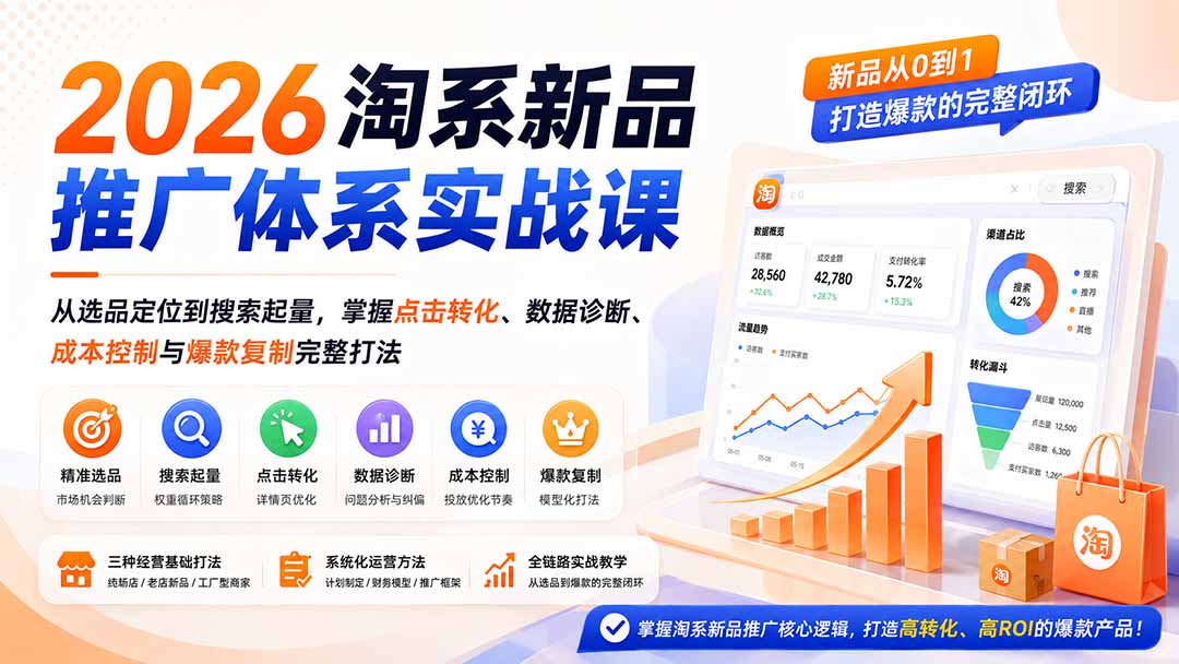 2026淘系新品推广体系实战课:从选品定位到搜索起量,掌握点击转化、数据诊断、成本控制与爆款复制完整打法-极客网创