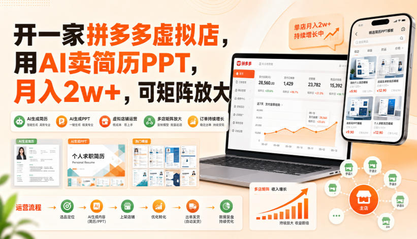 开一家拼多多虚拟店，用AI卖简历PPT，月入2w+，可矩阵放大【揭秘】-极客网创