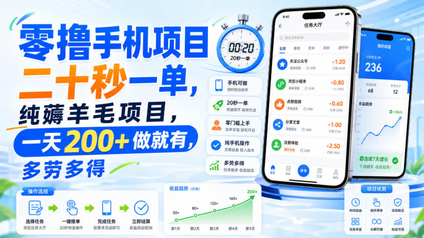 零撸手机项目，二十秒一单，纯薅羊毛项目，一天200+做就有，多劳多得【揭秘】-极客网创