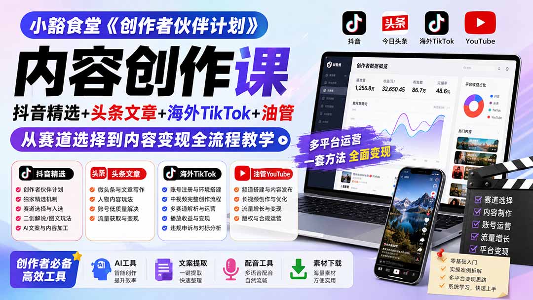 小豁食堂《创作者伙伴计划》内容创作课：抖音精选+头条文章+海外TikTok+油管，从赛道选择到内容变现全流程教学-极客网创