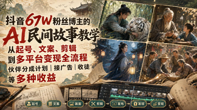 抖音67W粉丝博主的AI民间故事教学,从起号、文案、剪辑到多平台变现全流程,伙伴分成计划接广告等多种收益,月入1W+-极客网创