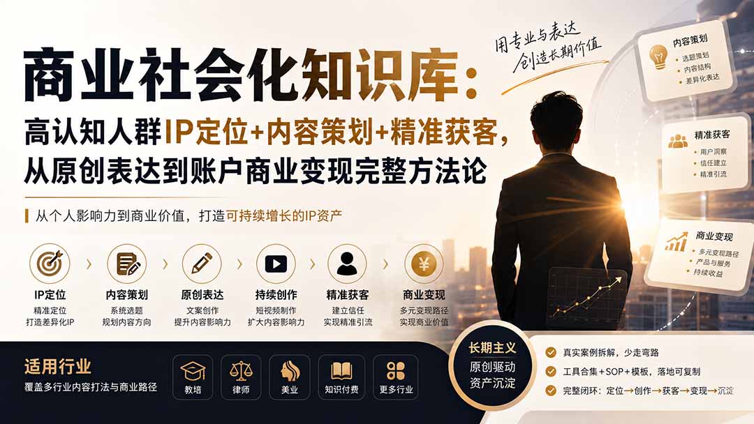 商业社会化知识库:高认知人群IP定位+内容策划+精准获客,从原创表达到账户商业变现完整方法论-极客网创
