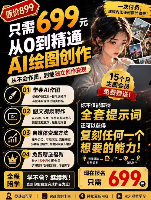 抖音10W粉丝博主的AI绘图教学,从0到精通AI绘图创作,从不会作图到能独立创作变现-极客网创
