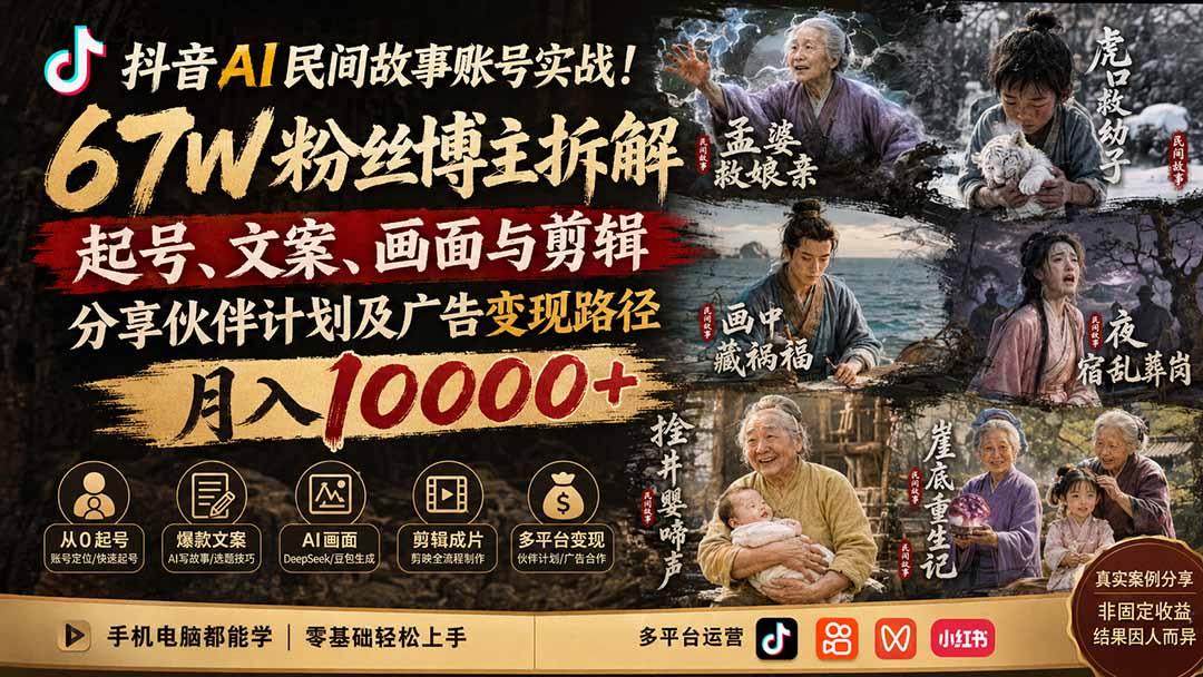 抖音AI民间故事账号实战!67W粉丝博主拆解起号、文案、画面与剪辑,分享伙伴计划及广告变现路径,月入10000+-极客网创