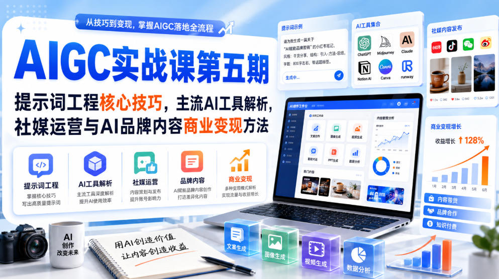 刺猬星球·AIGC实战课第五期，提示词工程核心技巧，主流AI工具解析，社媒运营与AI品牌内容商业变现方法-极客网创