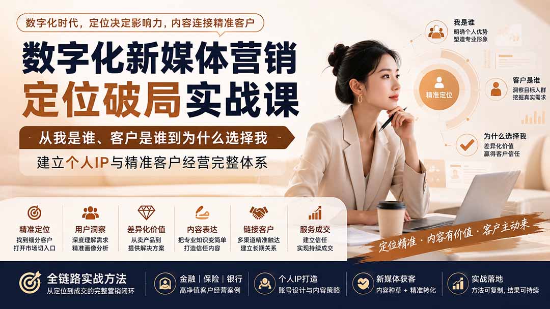 数字化新媒体营销定位破局实战课:从我是谁、客户是谁到为什么选择我,建立个人IP与精准客户经营完整体系-极客网创