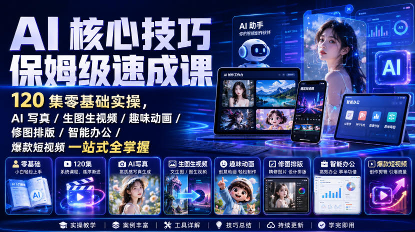 AI核心技巧保姆级速成课｜120集零基础实操，AI写真/生图生视频/趣味动画/修图排版/智能办公/爆款短视频一站式全掌握(更新)-极客网创
