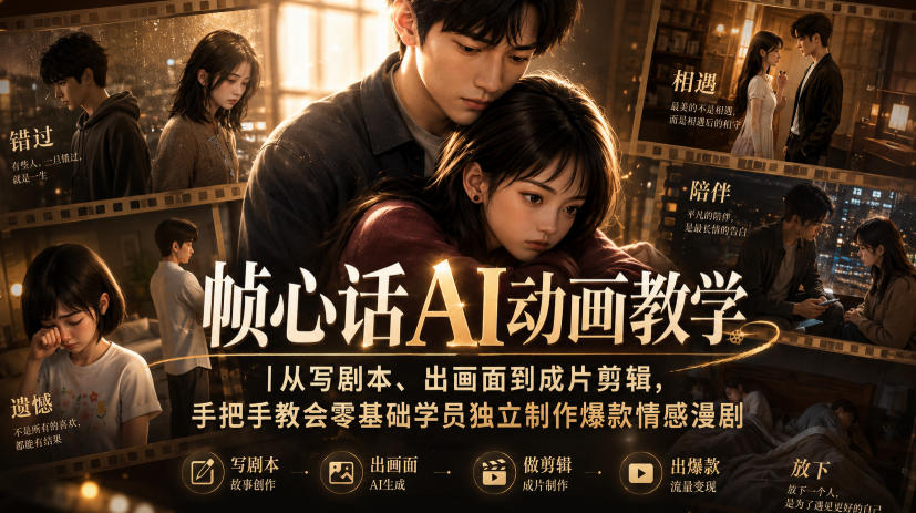 帧心话AI动画教学|从写剧本、出画面到成片剪辑,手把手教会零基础学员独立制作爆款情感漫剧-极客网创