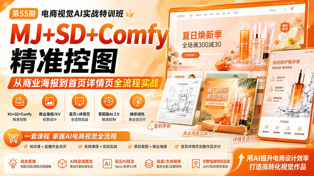 电商视觉 AI实战训练营第55期:MJ+SD+Comfy精准控图,从商业海报到首页详情页全流程实战-极客网创
