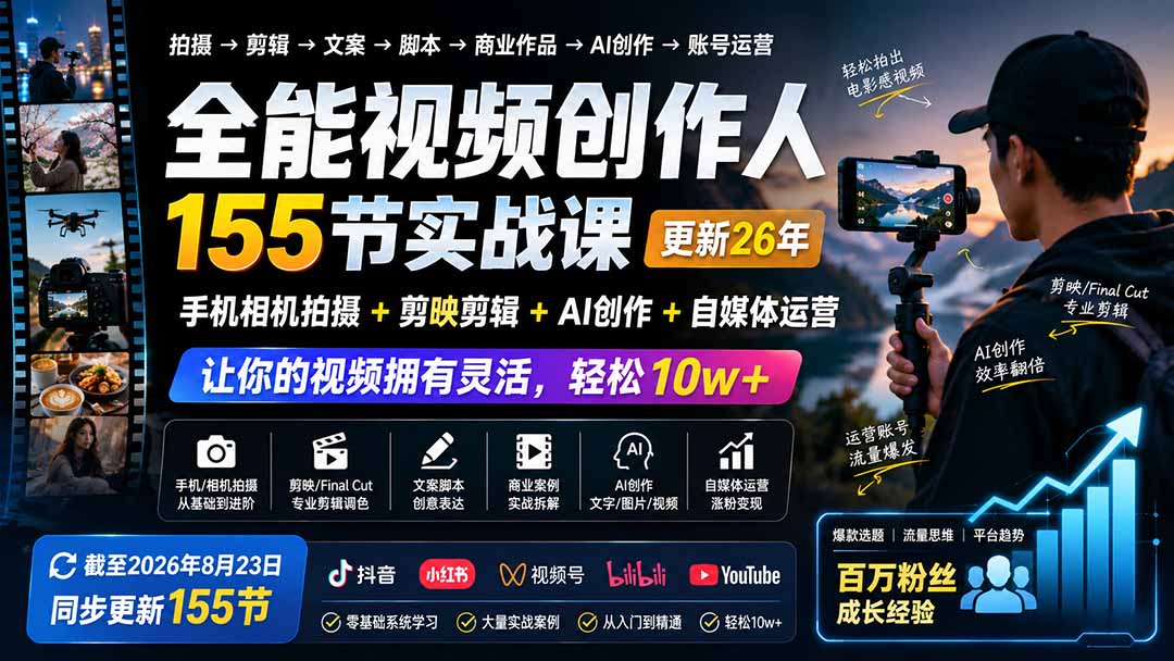 全能视频创作人155节实战课-更新26年8月:手机相机拍摄+剪映剪辑+AI创作+自媒体运营,让你的视频拥有灵活,轻松10w-极客网创