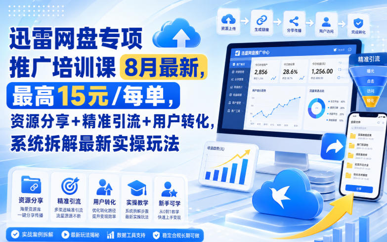 迅雷网盘专项推广培训课8月最新,最高15米/每单,资源分享+精准引流+用户转化,系统拆解最新实操玩法(更新0824)-极客网创