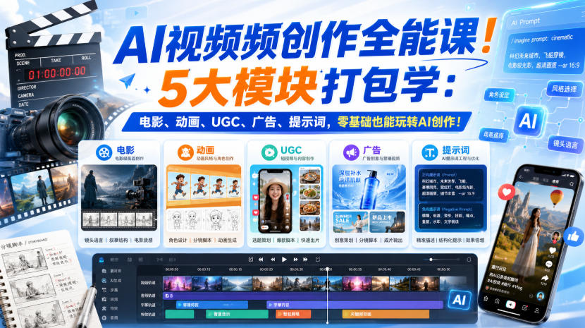 AI视频频创作全能课!5大模块打包学:电影、动画、UGC、广告、提示词,零基础也能玩转AI创作!【原创双语字幕】-极客网创