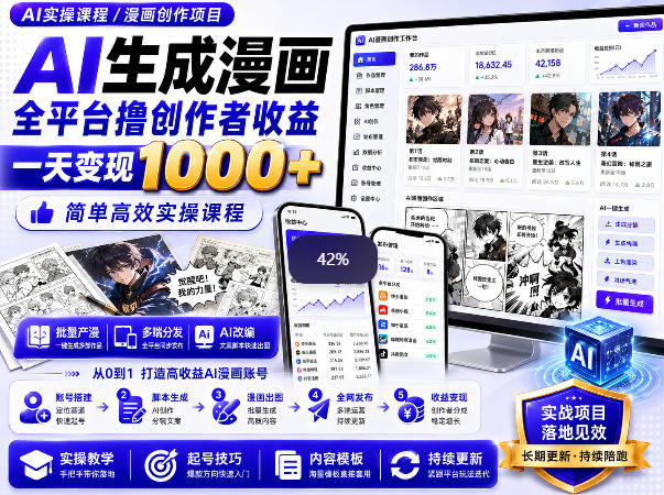 AI生成漫画全平台撸创作者收益内部课程，实操最高单日变现1k+-极客网创