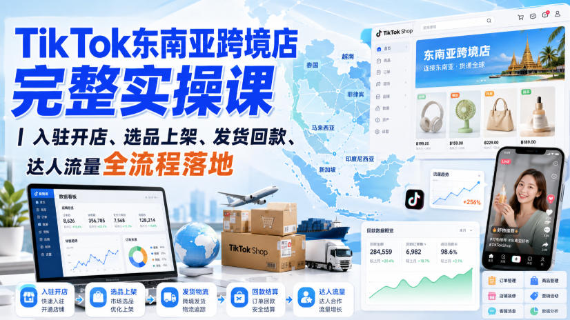 TikTok东南亚跨境店完整实操课|入驻开店、选品上架、发货回款、达人流量全流程落地-极客网创