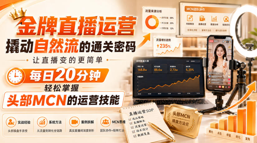 金牌直播运营撬动自然流的通关密码,让直播变的更简单,每日20分钟,轻松掌握头部MCN的运营技能-极客网创