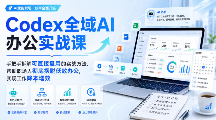 Codex全域AI办公实战课，手把手拆解可直接复用的实战方法，帮助职场人彻底摆脱低效办公，实现工作降本增效-极客网创