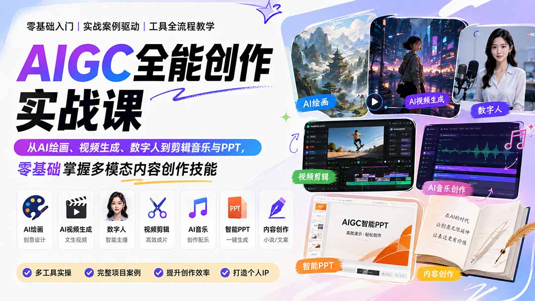 AIGC全能创作实战课：从AI绘画、视频生成、数字人到剪辑音乐与PPT，零基础掌握多模态内容创作技能-极客网创