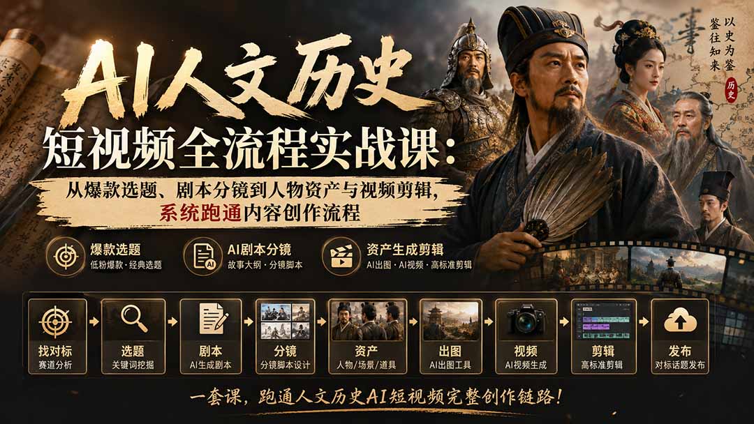 AI人文历史短视频全流程实战课:从爆款选题、剧本分镜到人物资产与视频剪辑,系统跑通内容创作流程-极客网创