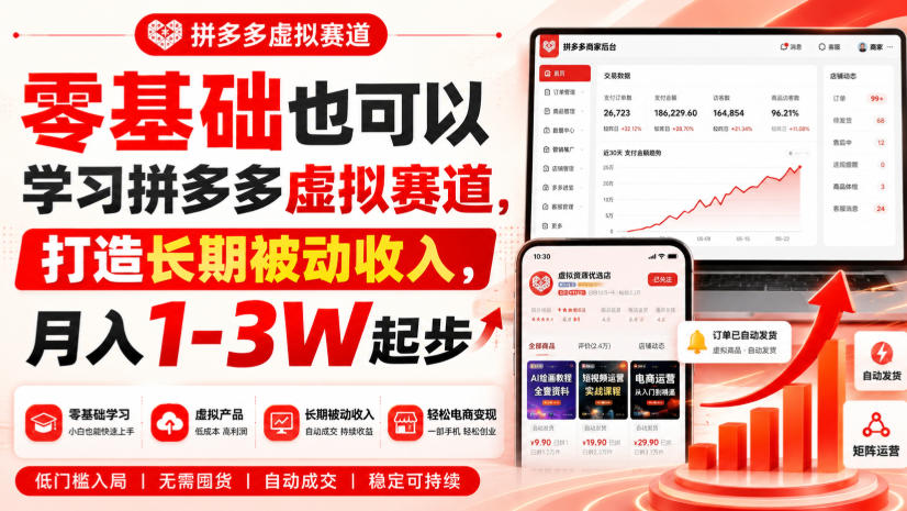 零基础也可以学习拼多多虚拟赛道,打造长期被动收入,月入1-3W起步-极客网创