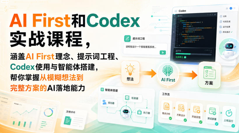 AI First和Codex实战课，涵盖AI First理念、提示词工程、Codex使用与智能体搭建，掌握从模糊想法到完整方案的AI落地能力-极客网创