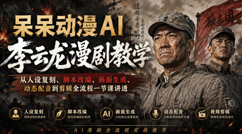 呆呆动漫AI李云龙漫剧教学，从人设复刻、脚本改编、画面生成、动态配音到剪辑全流程一节课讲透-极客网创