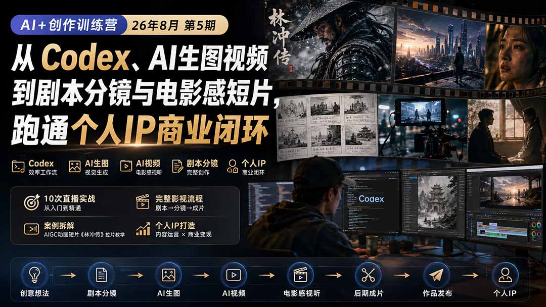 AI+创作训练营26年8月第5期:从Codex、AI生图视频到剧本分镜与电影感短片,跑通个人IP商业闭环-极客网创