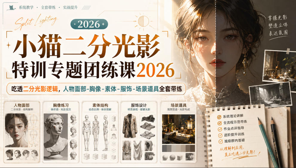 小猫二分光影特训专题团练课2026|吃透二分光影逻辑,人物面部‑胸像‑素体‑服饰‑场景道具全套带练,高清画质附赠课件与笔刷-极客网创