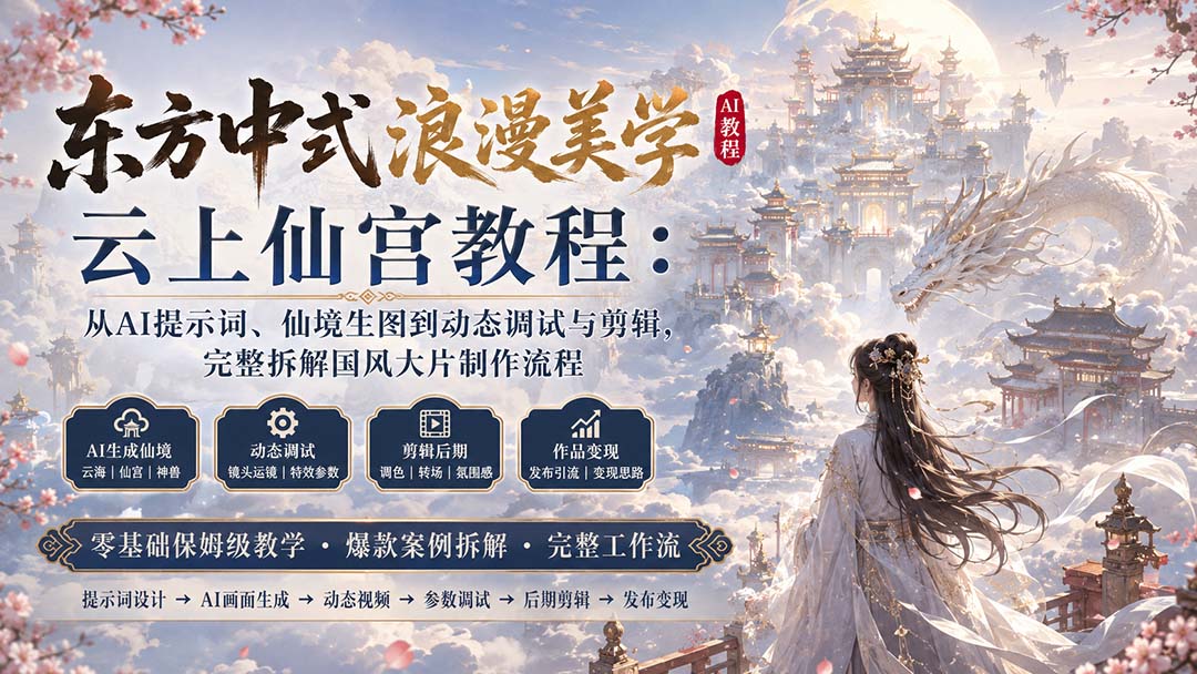 东方中式浪漫美学云上仙宫教程:从AI提示词、仙境生图到动态调试与剪辑,完整拆解国风大片制作流程-极客网创