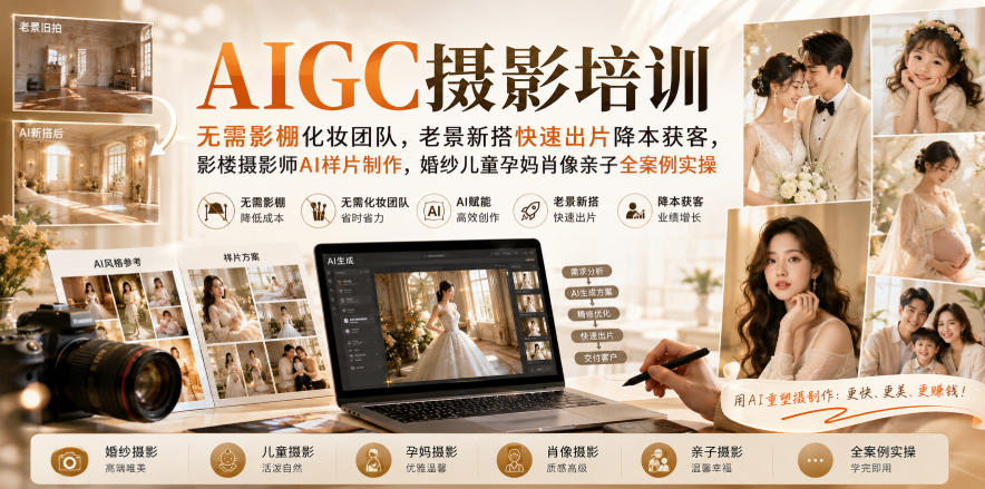 AIGC摄影培训|无需影棚化妆团队,老景新搭快速出片降本获客,影楼摄影师AI样片制作,婚纱儿童孕妈肖像亲子全案例实操-极客网创