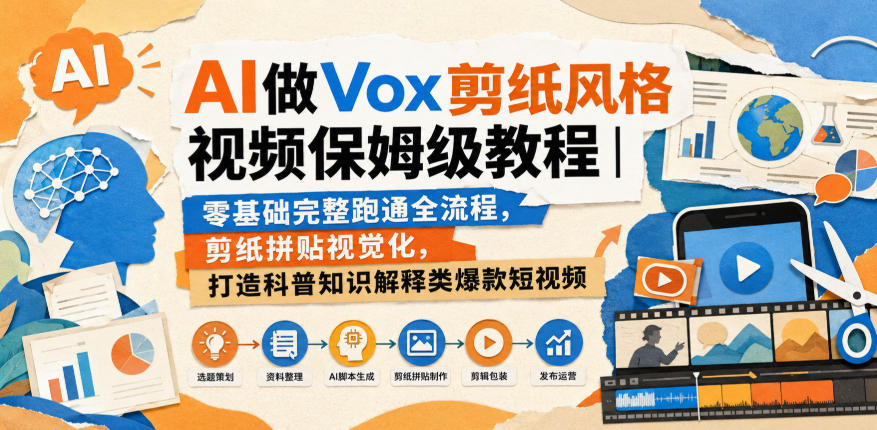 AI做Vox剪纸风格视频保姆级教程|零基础完整跑通全流程,剪纸拼贴视觉化,打造科普知识解释类爆款短视频-极客网创