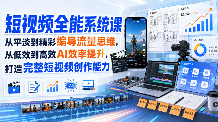 短视频全能系统课,从平淡到精彩编导流量思维,从低效到高效AI效率提升,打造完整短视频创作能力(2026年8月30更新233集)-极客网创