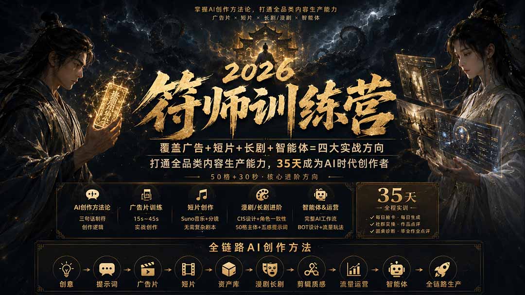 符师训练营-35天成为AI时代创作者,广告+短片+漫剧+智能体四大实战方向,掌握从创意到上线的完整工作流-极客网创