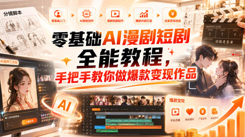 零基础AI漫剧短剧全能教程,从AI智能体搭建、文案脚本分镜、多平台AI生视频、剪映精修,覆盖全题材创作,手把手教你做爆款变现作品-极客网创