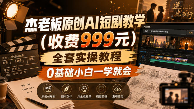 杰老板原创AI短剧教学(收费999元)，全套实操教程，0基础小白一学就会，非搬运技术-极客网创
