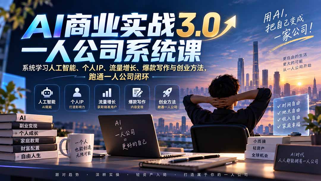 AI商业实战3.0一人公司系统课:系统学习人工智能、个人IP、流量增长、爆款写作与创业方法,跑通一人公司闭环-极客网创