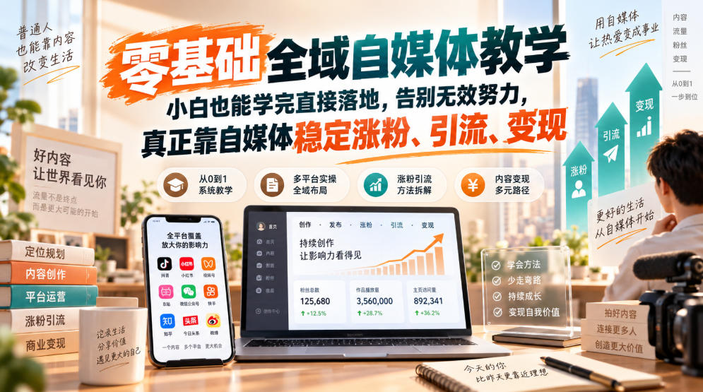 零基础全域自媒体教学,小白也能学完直接落地,告别无效努力,真正靠自媒体稳定涨粉、引流、变现-极客网创