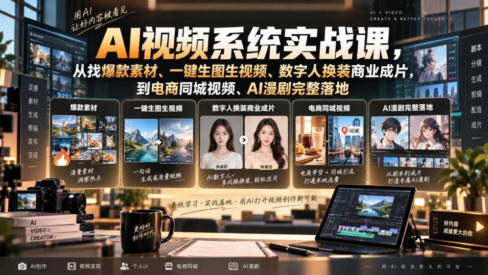 AI视频系统实战课,从找爆款素材、一键生图生视频、数字人换装商业成片,到电商同城视频、AI漫剧完整落地-极客网创