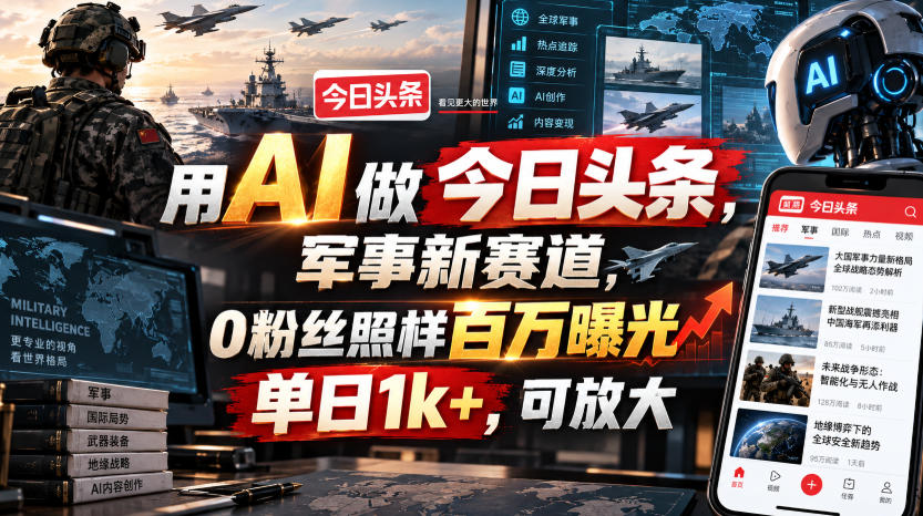 用AI做今日头条,军事新赛道,0粉丝照样百万曝光,单日1k+,可放大-极客网创
