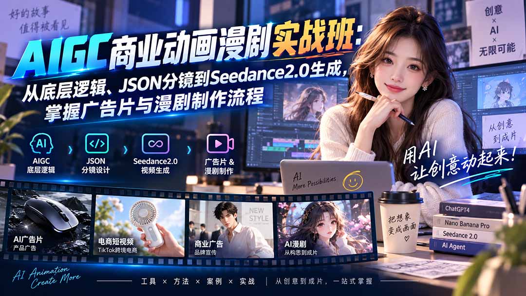 AIGC商业动画漫剧实战班-更新:从底层逻辑、JSON分镜到Seedance2.0生成,掌握广告片与漫剧制作流程-极客网创