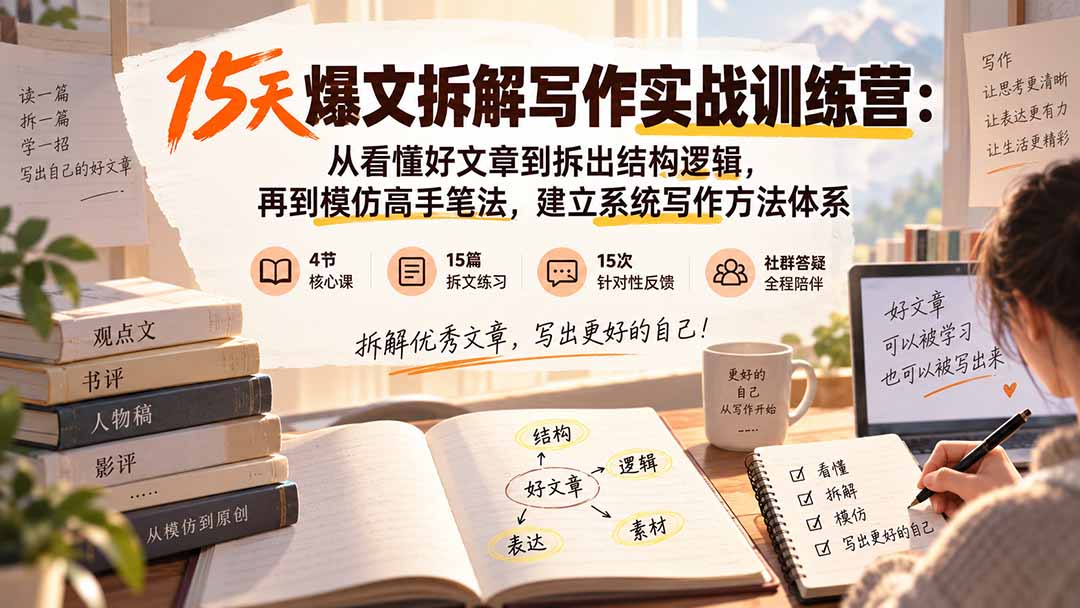 15天爆文拆解写作实战训练营:从看懂好文章到拆出结构逻辑,再到模仿高手笔法,建立系统写作方法体系-极客网创