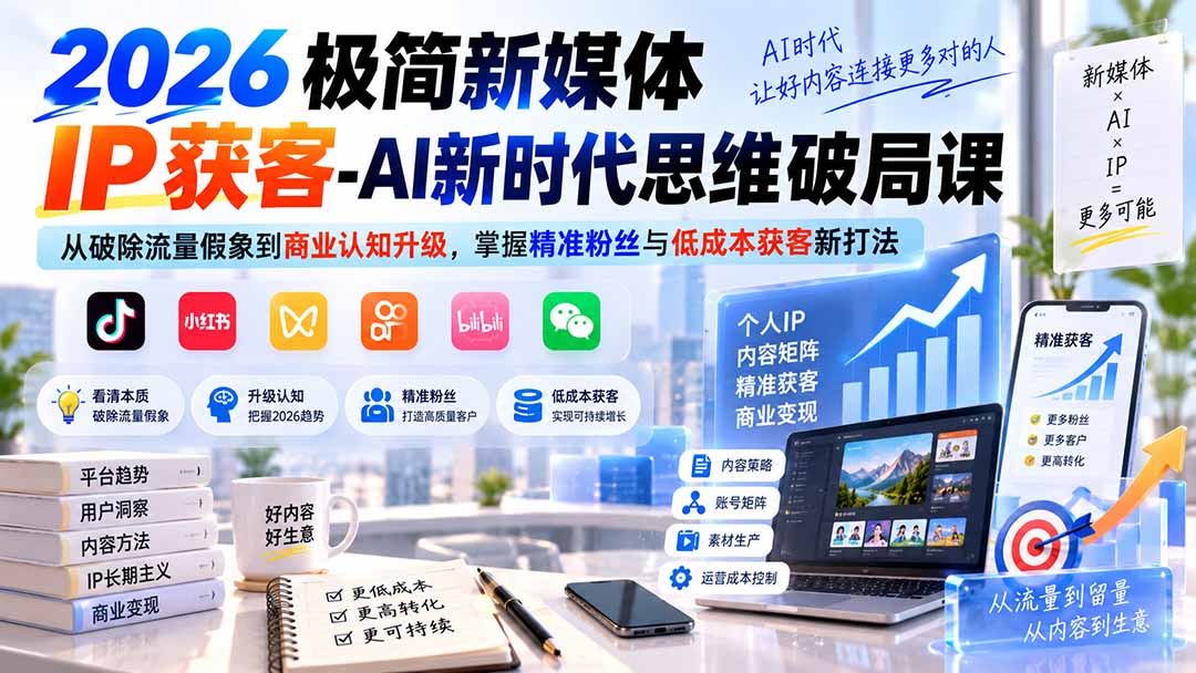2026极简新媒体IP获客-AI新时代思维破局课：从破除流量假象到商业认知升级，掌握精准粉丝与低成本获客新打法-极客网创