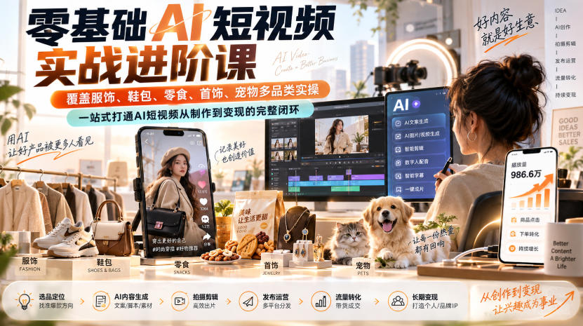 零基础AI短视频实战进阶课,覆盖服饰、鞋包、零食、首饰、宠物多品类实操,一站式打通AI短视频从制作到变现的完整闭环-极客网创