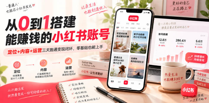 从0到1搭建能賺钱的小红书账号,定位+内容+运营三天跑通变现闭环-极客网创