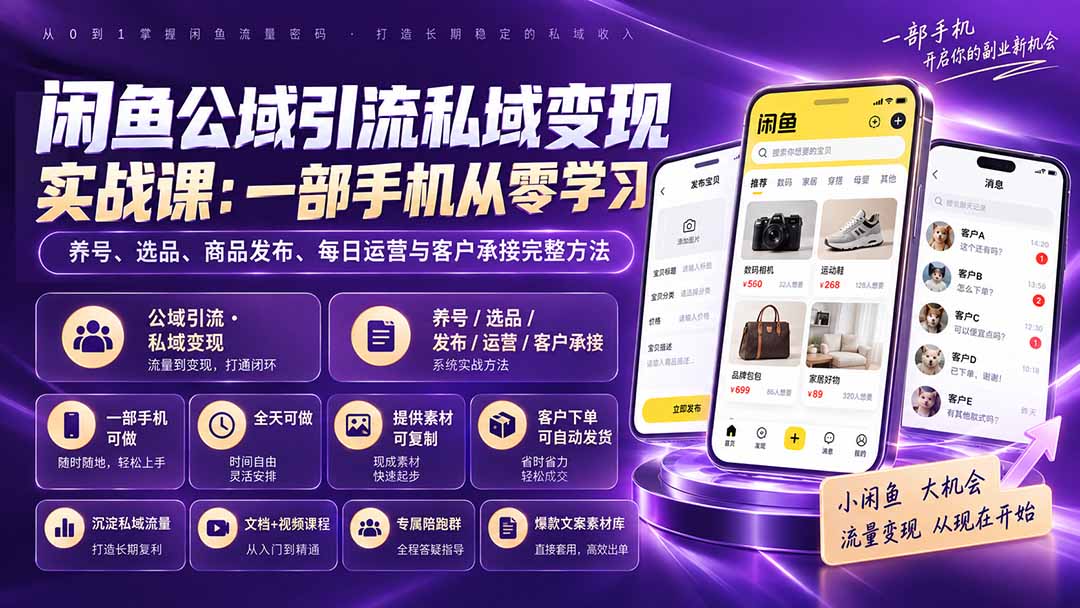 闲鱼公域引流私域变现实战课:一部手机从零学习养号、选品、商品发布、每日运营与客户承接完整方法-极客网创