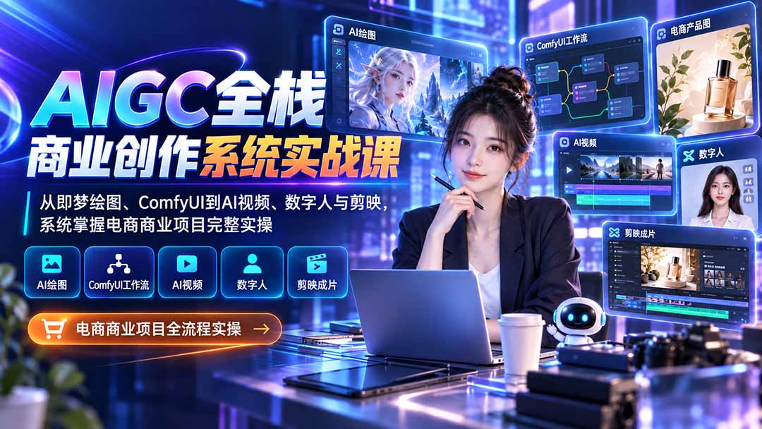 AIGC全栈商业创作系统实战课：从即梦绘图、ComfyUI到AI视频、数字人与剪映，系统掌握电商商业项目完整实操-极客网创