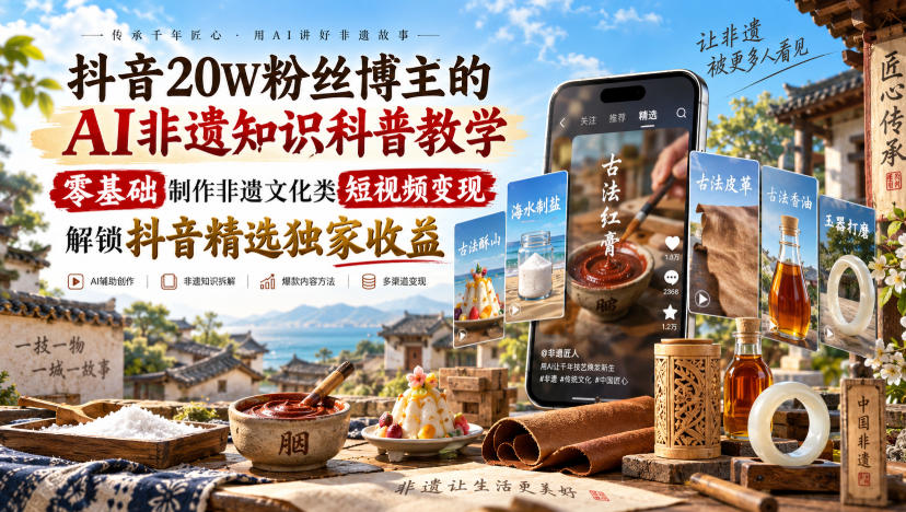 抖音20W粉丝博主的AI非遗知识科普教学，零基础制作非遗文化类短视频变现，解锁抖音精选独家收益-极客网创
