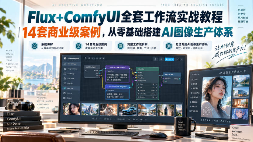 Flux+ComfyUI全套工作流实战教程|14套商业级案例,从零基础搭建AI图像生产体系-极客网创