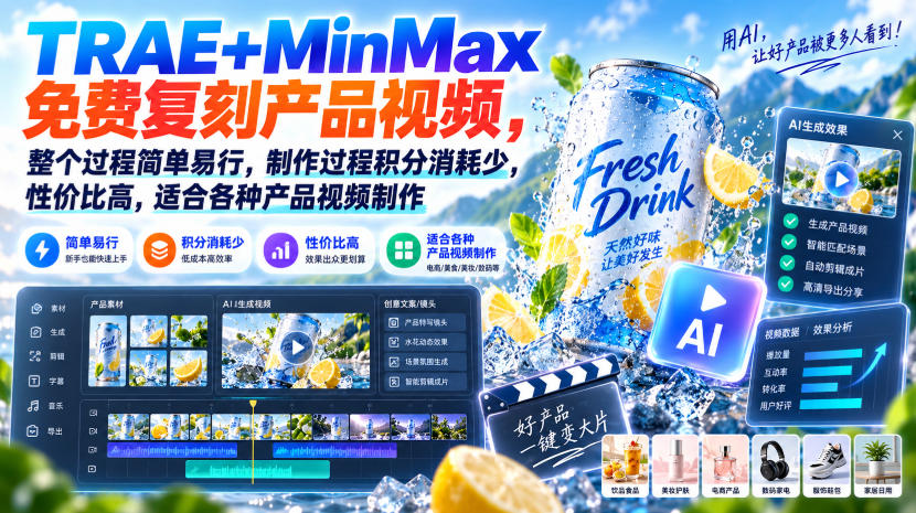 TRAE+MinMax免费复刻产品视频,整个过程简单易行,制作过程积分消耗少,性价比高,适合各种产品视频制作-极客网创