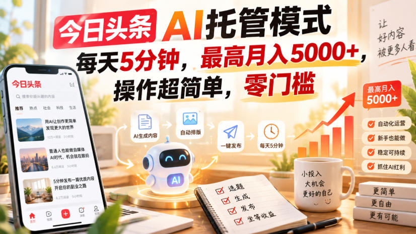 今日头条AI托管模式,每天5分钟,最高月入5000+,操作超简单,零门槛【揭秘】-极客网创