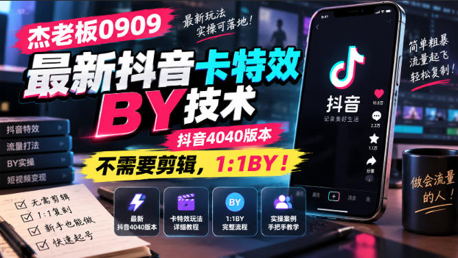 杰老板0909最新抖音卡特效搬运技术,抖音4040版本,不需要剪辑,1:1搬运!-极客网创